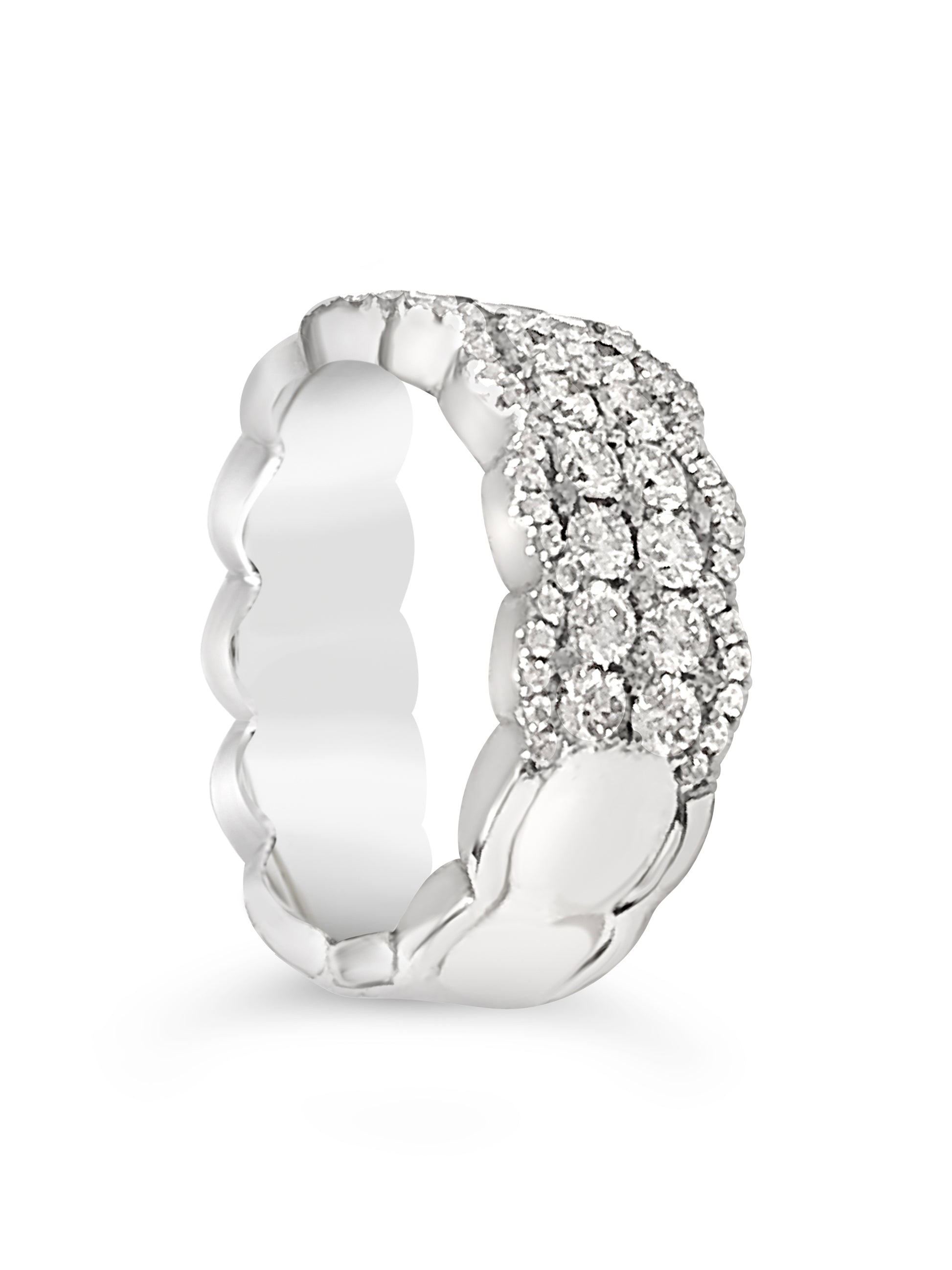 14k white gold scalloped ring with diamonds